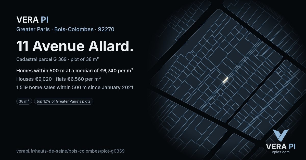 11 Avenue Allard, Bois-Colombes at night – the plot lit, the parcels around coloured by the prices near them