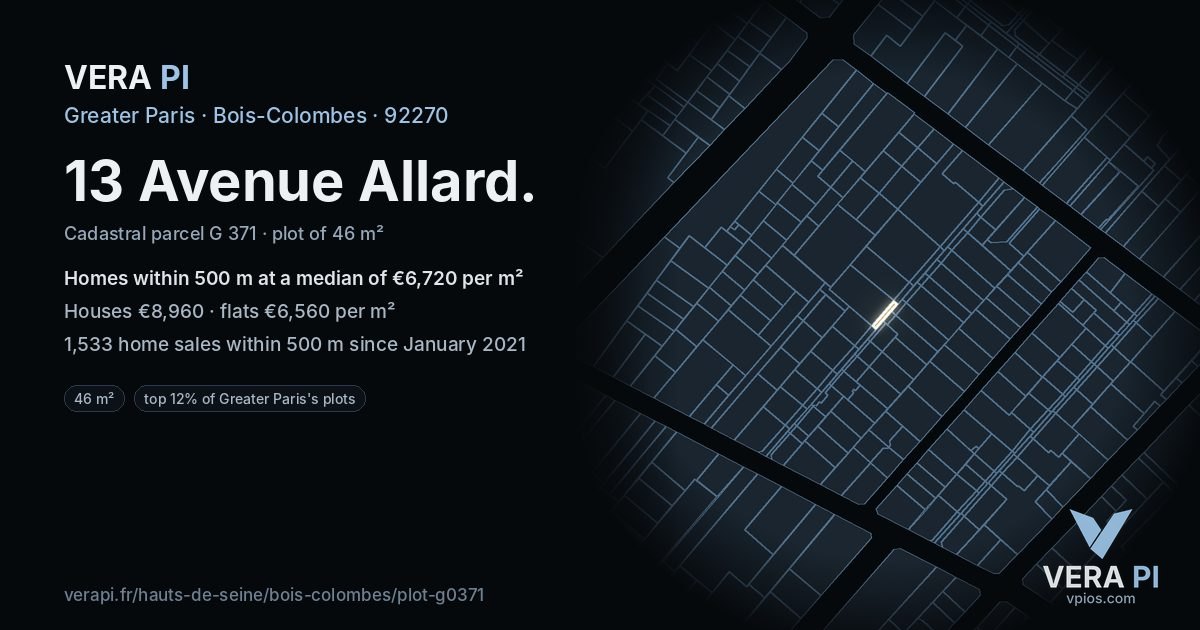 13 Avenue Allard, Bois-Colombes at night – the plot lit, the parcels around coloured by the prices near them