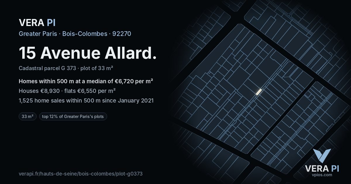 15 Avenue Allard, Bois-Colombes at night – the plot lit, the parcels around coloured by the prices near them