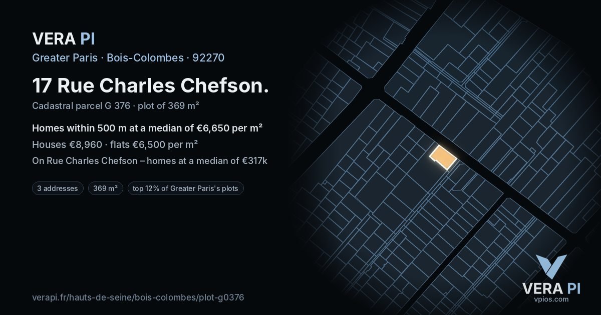 17 Rue Charles Chefson, Bois-Colombes at night – the plot lit, the parcels around coloured by the prices near them