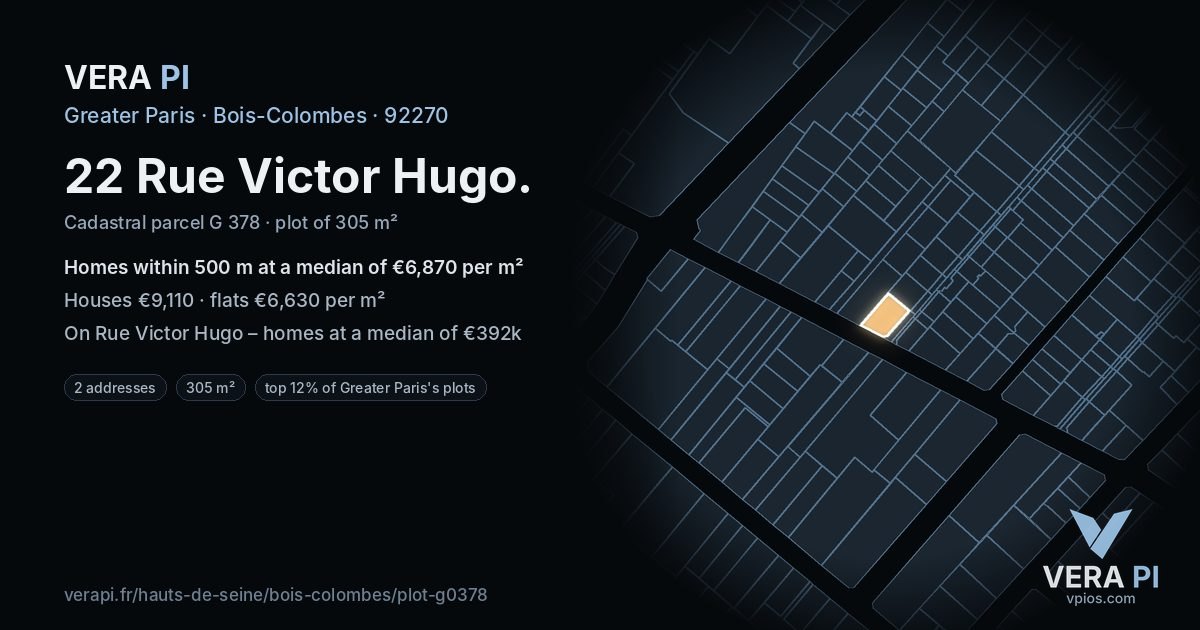 22 Rue Victor Hugo, Bois-Colombes at night – the plot lit, the parcels around coloured by the prices near them