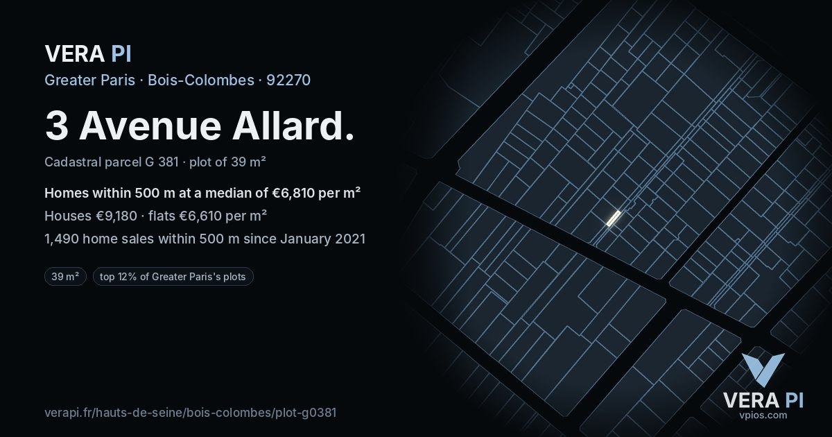 3 Avenue Allard, Bois-Colombes at night – the plot lit, the parcels around coloured by the prices near them