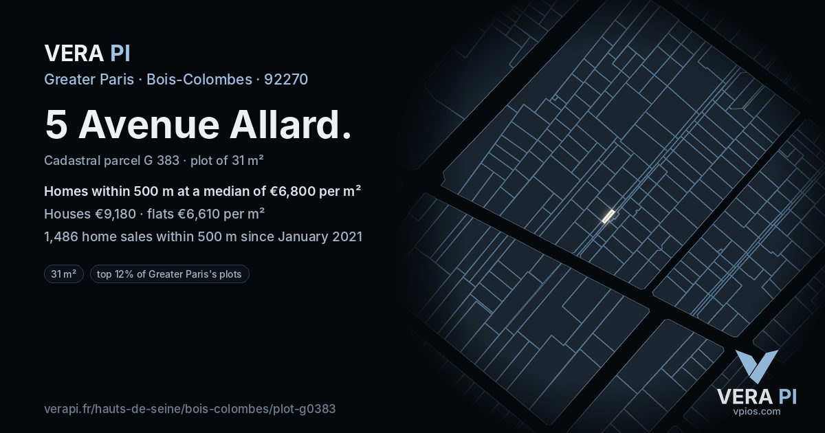 5 Avenue Allard, Bois-Colombes at night – the plot lit, the parcels around coloured by the prices near them