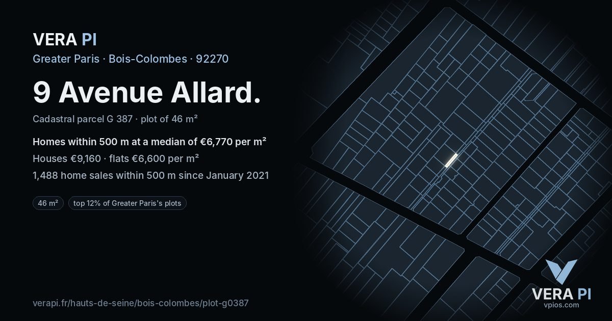 9 Avenue Allard, Bois-Colombes at night – the plot lit, the parcels around coloured by the prices near them