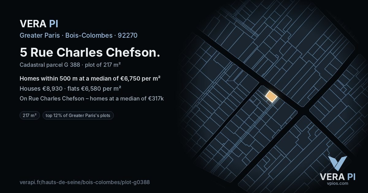 5 Rue Charles Chefson, Bois-Colombes at night – the plot lit, the parcels around coloured by the prices near them
