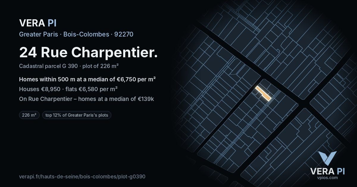 24 Rue Charpentier, Bois-Colombes at night – the plot lit, the parcels around coloured by the prices near them