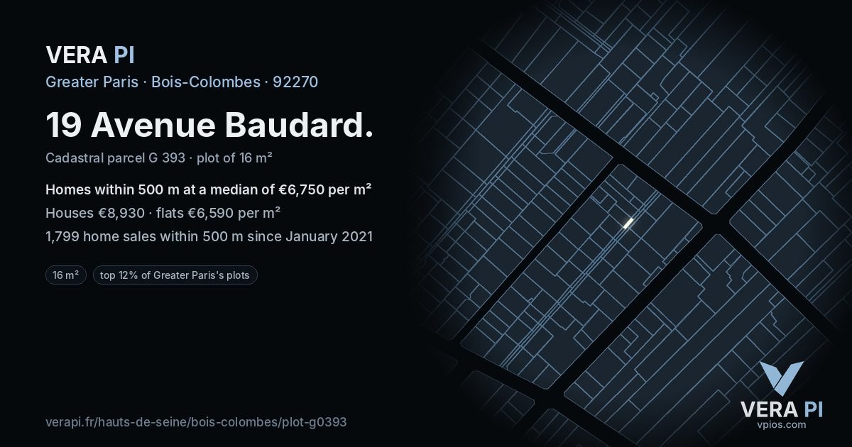 19 Avenue Baudard, Bois-Colombes at night – the plot lit, the parcels around coloured by the prices near them