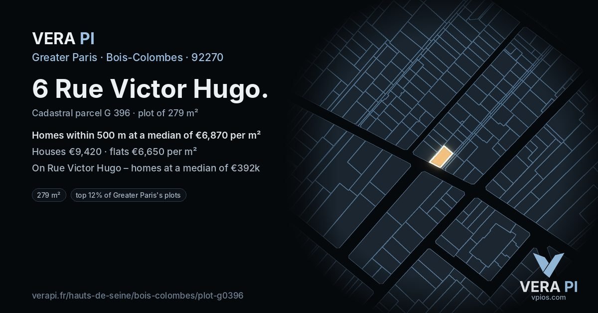 6 Rue Victor Hugo, Bois-Colombes at night – the plot lit, the parcels around coloured by the prices near them