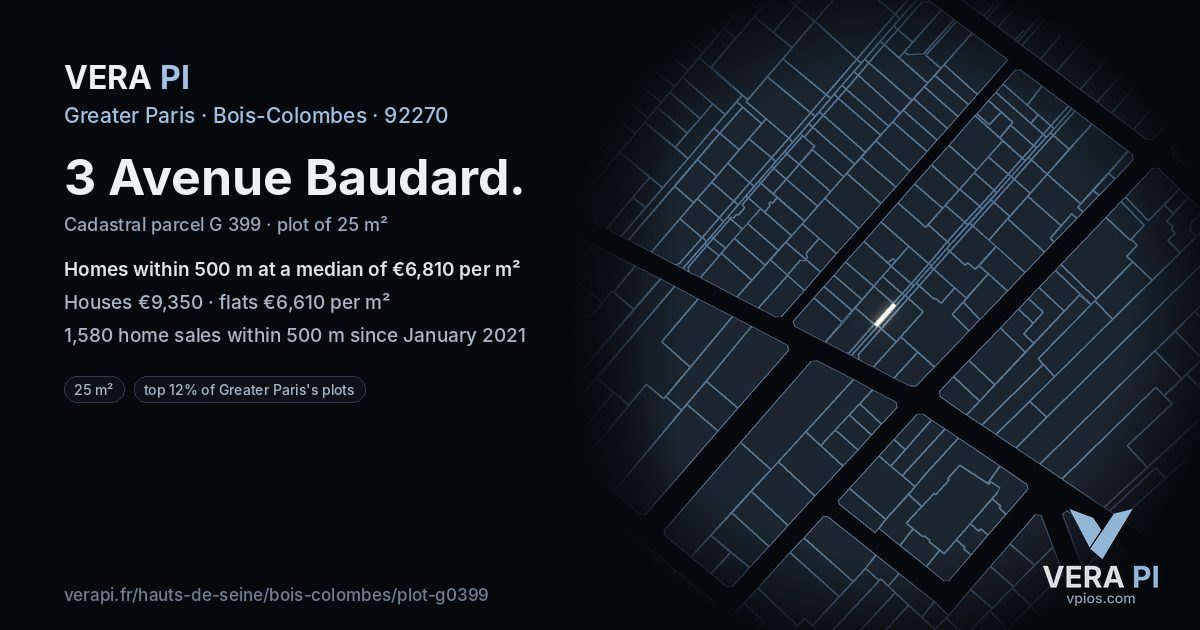 3 Avenue Baudard, Bois-Colombes at night – the plot lit, the parcels around coloured by the prices near them