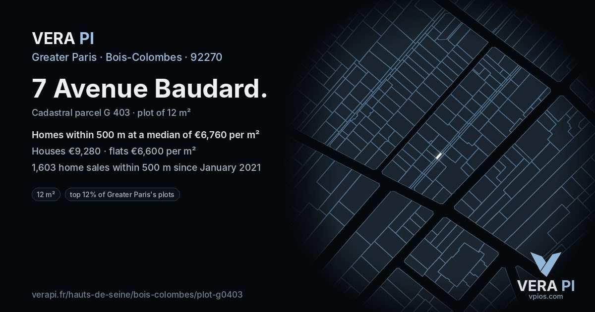 7 Avenue Baudard, Bois-Colombes at night – the plot lit, the parcels around coloured by the prices near them