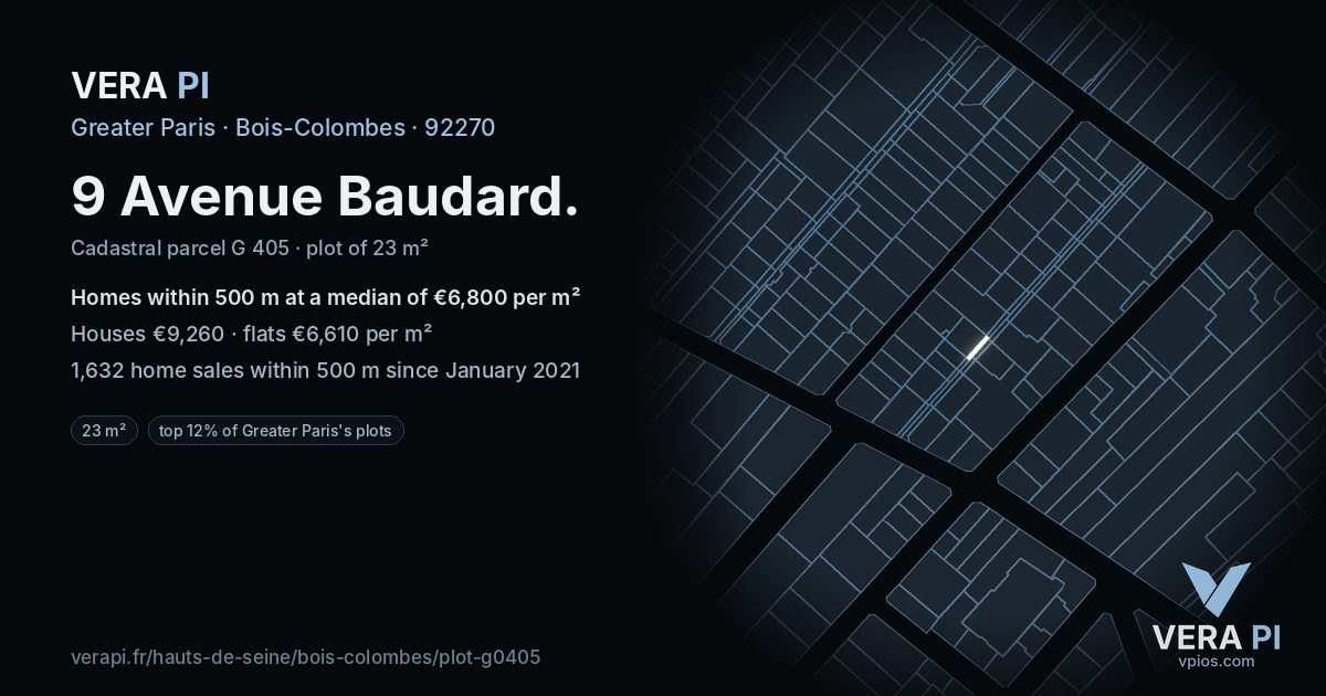 9 Avenue Baudard, Bois-Colombes at night – the plot lit, the parcels around coloured by the prices near them
