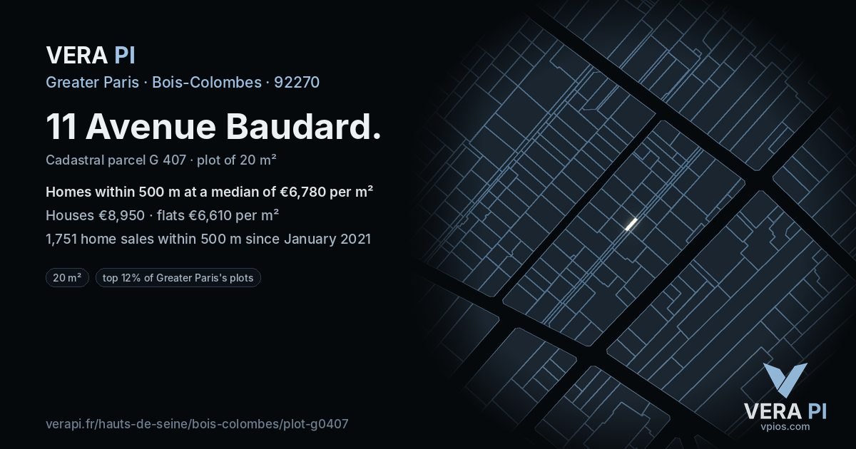 11 Avenue Baudard, Bois-Colombes at night – the plot lit, the parcels around coloured by the prices near them
