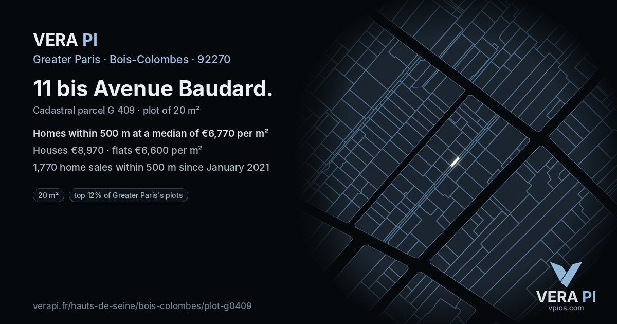 11 bis Avenue Baudard, Bois-Colombes at night – the plot lit, the parcels around coloured by the prices near them