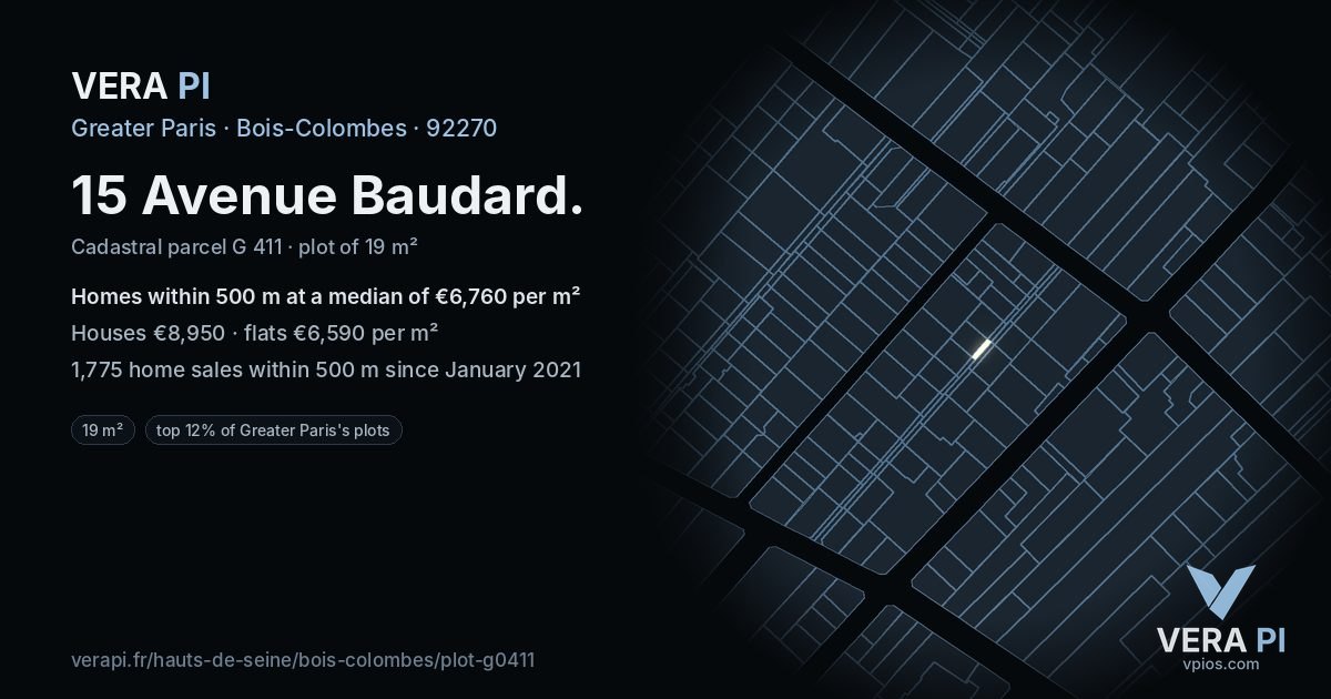 15 Avenue Baudard, Bois-Colombes at night – the plot lit, the parcels around coloured by the prices near them