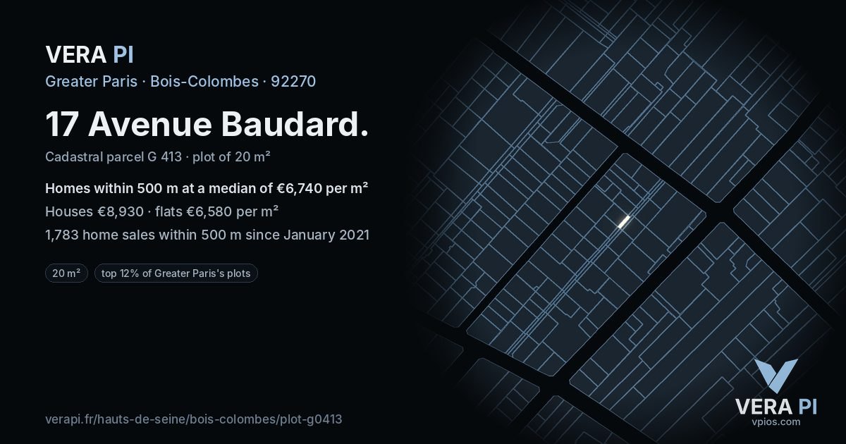 17 Avenue Baudard, Bois-Colombes at night – the plot lit, the parcels around coloured by the prices near them