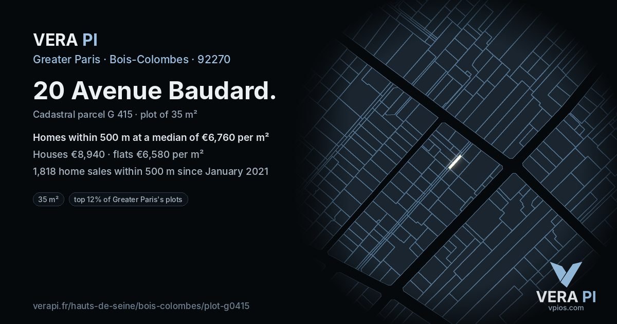 20 Avenue Baudard, Bois-Colombes at night – the plot lit, the parcels around coloured by the prices near them