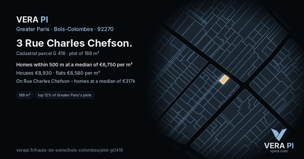 3 Rue Charles Chefson, Bois-Colombes at night – the plot lit, the parcels around coloured by the prices near them