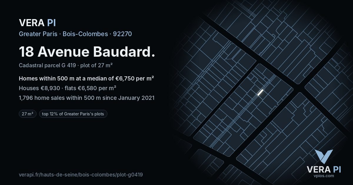 18 Avenue Baudard, Bois-Colombes at night – the plot lit, the parcels around coloured by the prices near them