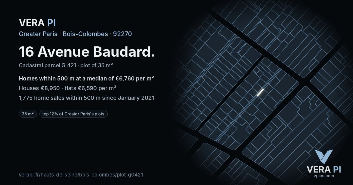 16 Avenue Baudard, Bois-Colombes at night – the plot lit, the parcels around coloured by the prices near them