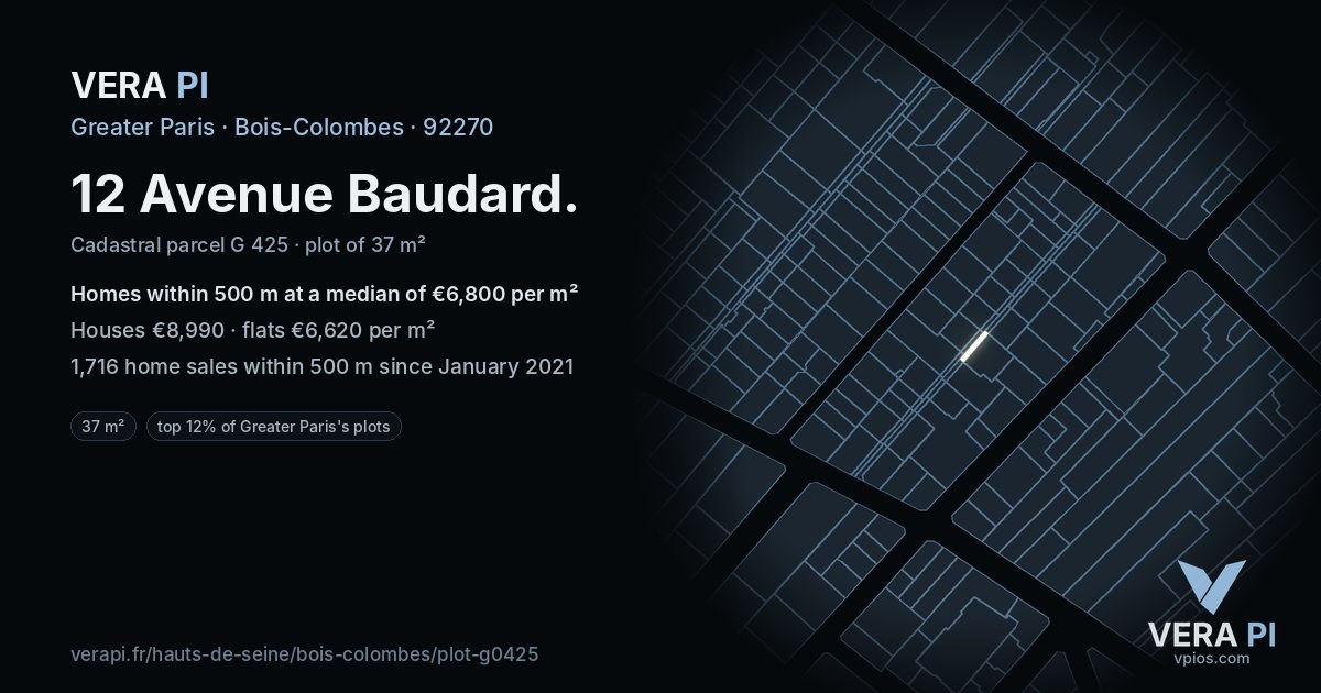 12 Avenue Baudard, Bois-Colombes at night – the plot lit, the parcels around coloured by the prices near them