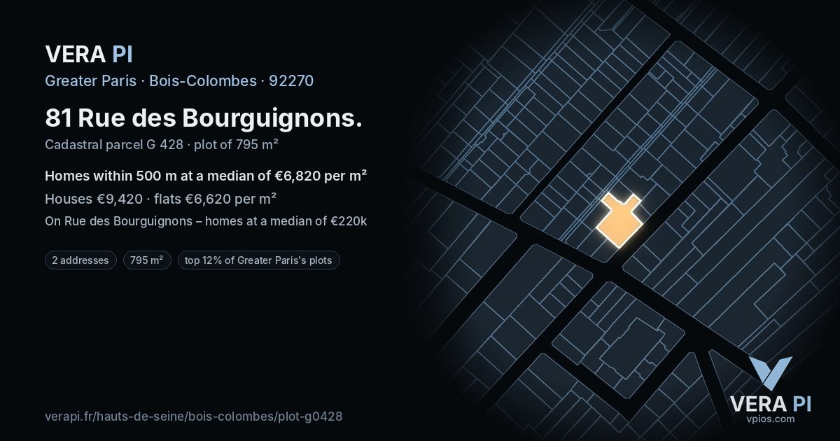 81 Rue des Bourguignons, Bois-Colombes at night – the plot lit, the parcels around coloured by the prices near them
