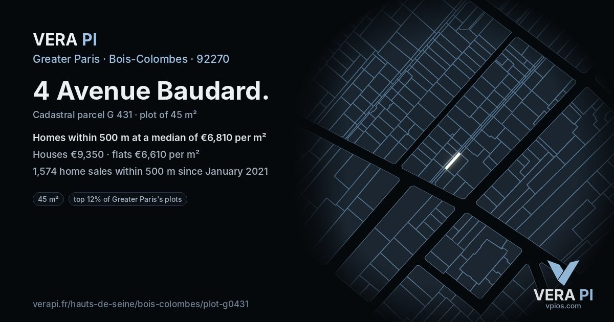 4 Avenue Baudard, Bois-Colombes at night – the plot lit, the parcels around coloured by the prices near them
