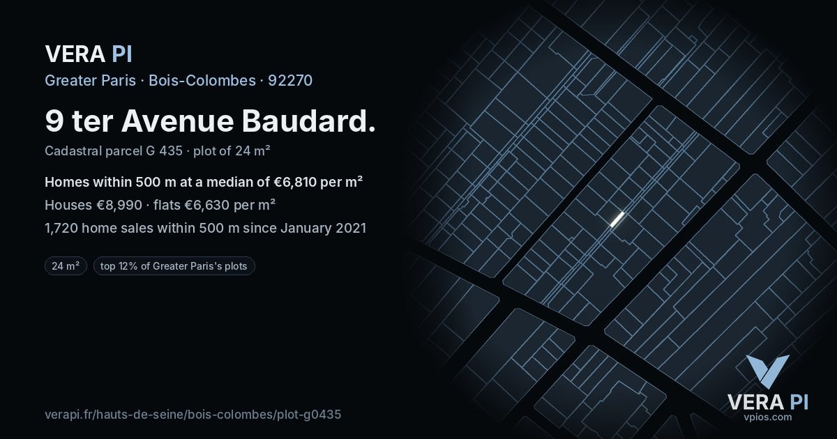 9 ter Avenue Baudard, Bois-Colombes at night – the plot lit, the parcels around coloured by the prices near them