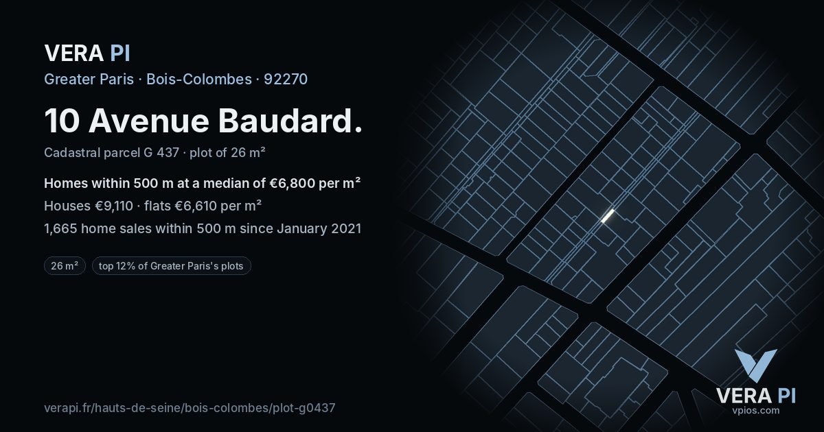 10 Avenue Baudard, Bois-Colombes at night – the plot lit, the parcels around coloured by the prices near them
