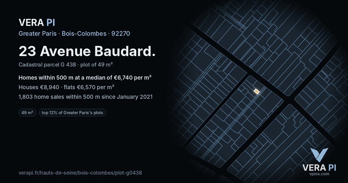 23 Avenue Baudard, Bois-Colombes at night – the plot lit, the parcels around coloured by the prices near them