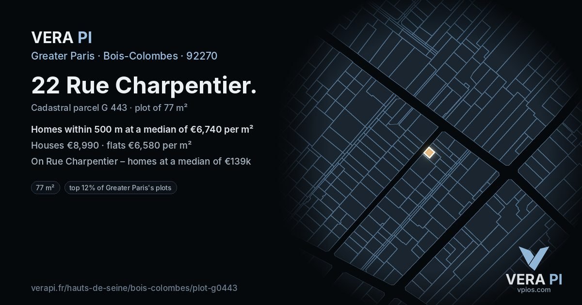 22 Rue Charpentier, Bois-Colombes at night – the plot lit, the parcels around coloured by the prices near them