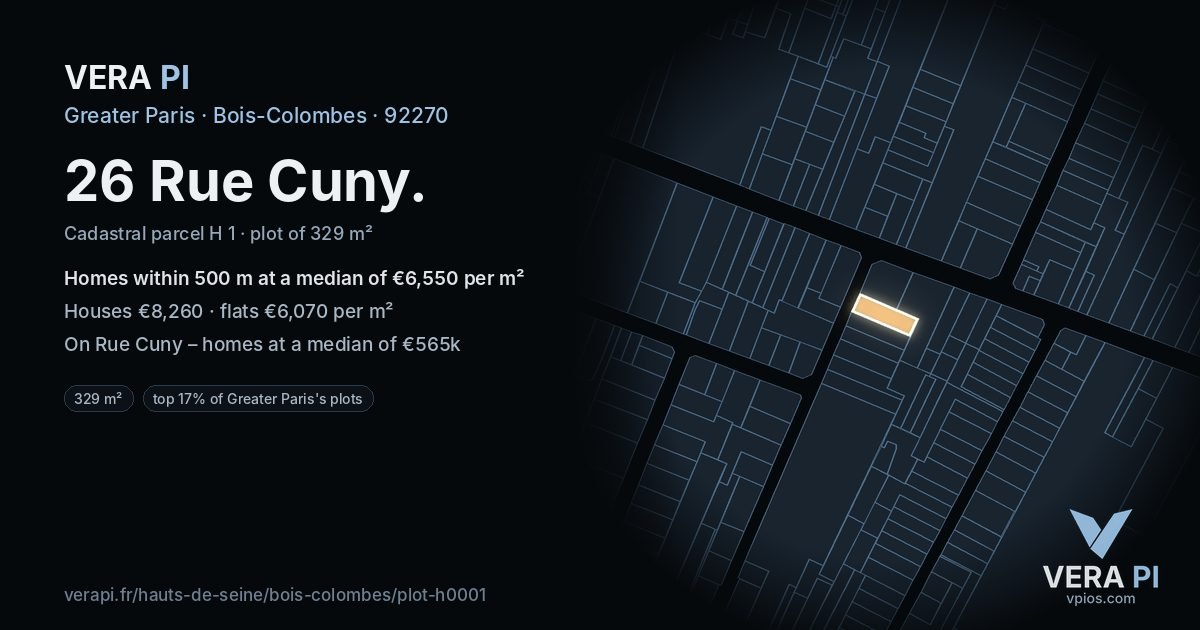 26 Rue Cuny, Bois-Colombes at night – the plot lit, the parcels around coloured by the prices near them