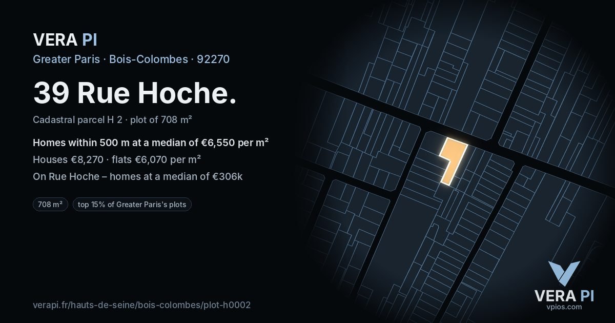 39 Rue Hoche, Bois-Colombes at night – the plot lit, the parcels around coloured by the prices near them