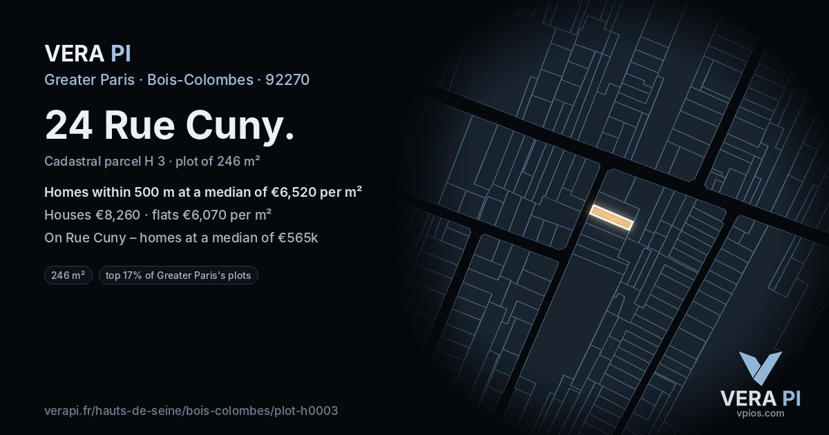 24 Rue Cuny, Bois-Colombes at night – the plot lit, the parcels around coloured by the prices near them
