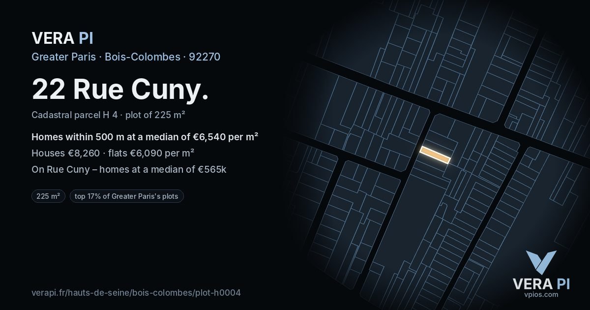 22 Rue Cuny, Bois-Colombes at night – the plot lit, the parcels around coloured by the prices near them