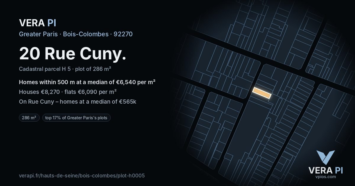 20 Rue Cuny, Bois-Colombes at night – the plot lit, the parcels around coloured by the prices near them