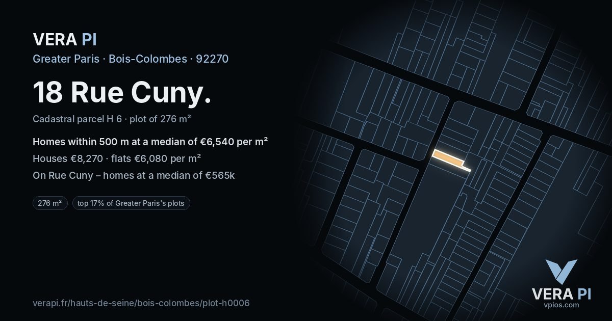 18 Rue Cuny, Bois-Colombes at night – the plot lit, the parcels around coloured by the prices near them