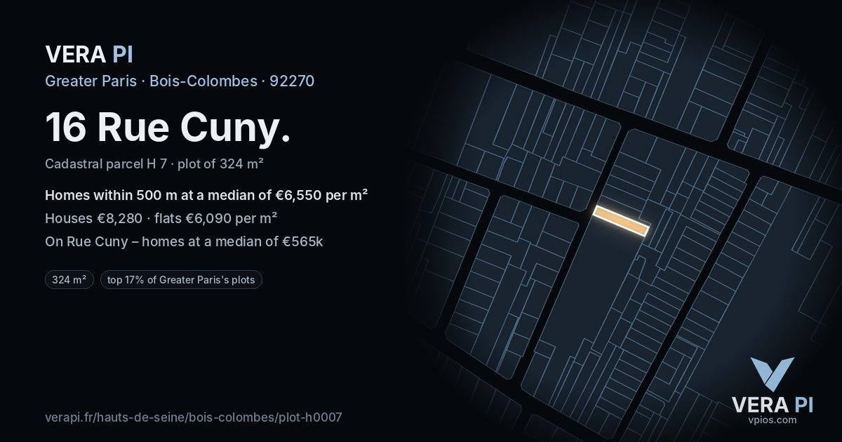 16 Rue Cuny, Bois-Colombes at night – the plot lit, the parcels around coloured by the prices near them