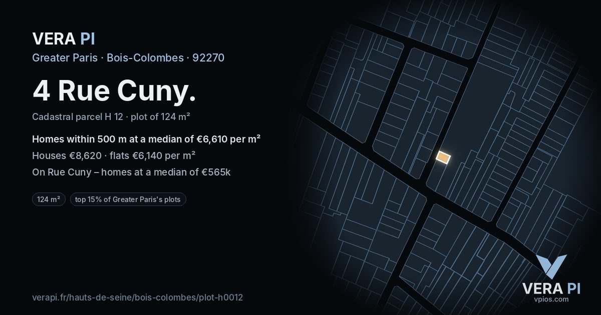 4 Rue Cuny, Bois-Colombes at night – the plot lit, the parcels around coloured by the prices near them