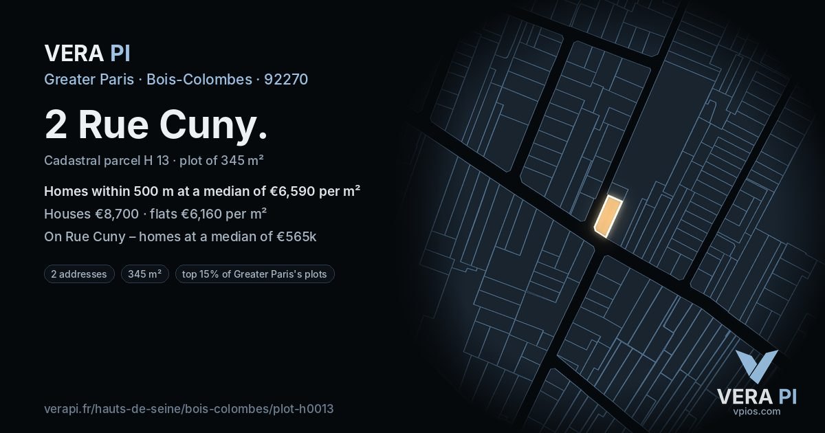2 Rue Cuny, Bois-Colombes at night – the plot lit, the parcels around coloured by the prices near them