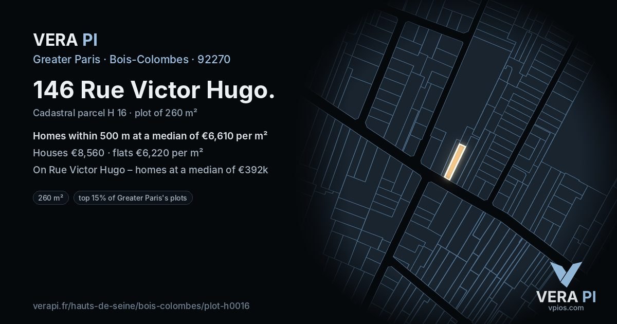 146 Rue Victor Hugo, Bois-Colombes at night – the plot lit, the parcels around coloured by the prices near them