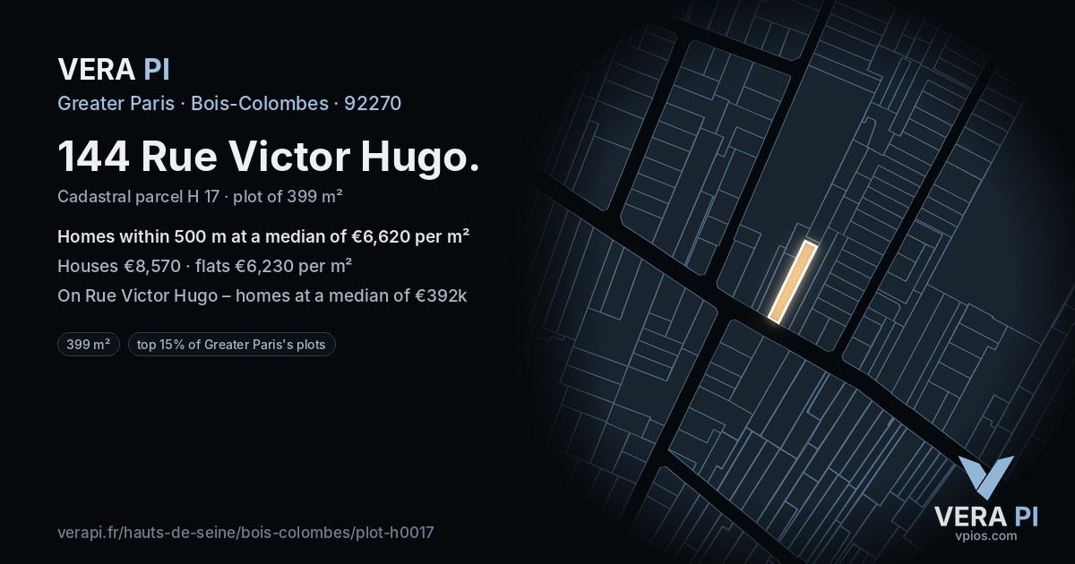 144 Rue Victor Hugo, Bois-Colombes at night – the plot lit, the parcels around coloured by the prices near them