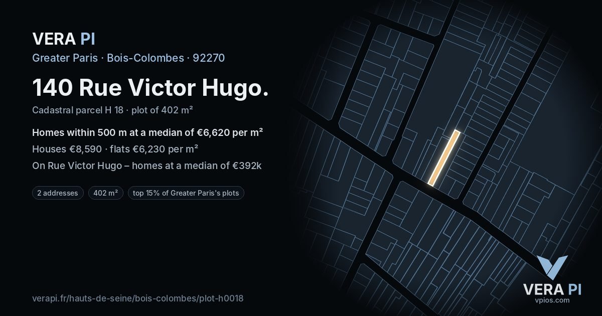 140 Rue Victor Hugo, Bois-Colombes at night – the plot lit, the parcels around coloured by the prices near them