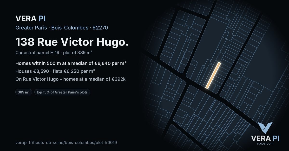 138 Rue Victor Hugo, Bois-Colombes at night – the plot lit, the parcels around coloured by the prices near them