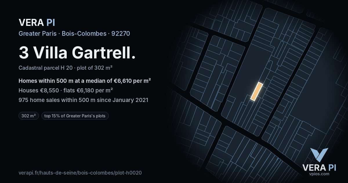 3 Villa Gartrell, Bois-Colombes at night – the plot lit, the parcels around coloured by the prices near them