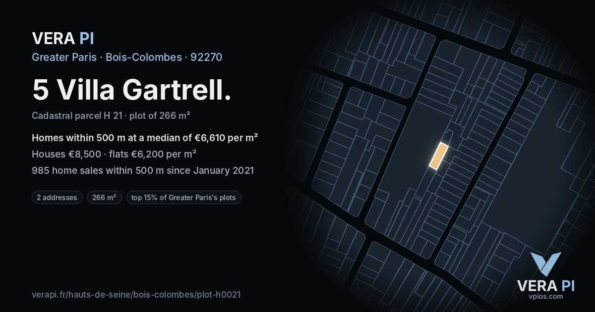 5 Villa Gartrell, Bois-Colombes at night – the plot lit, the parcels around coloured by the prices near them