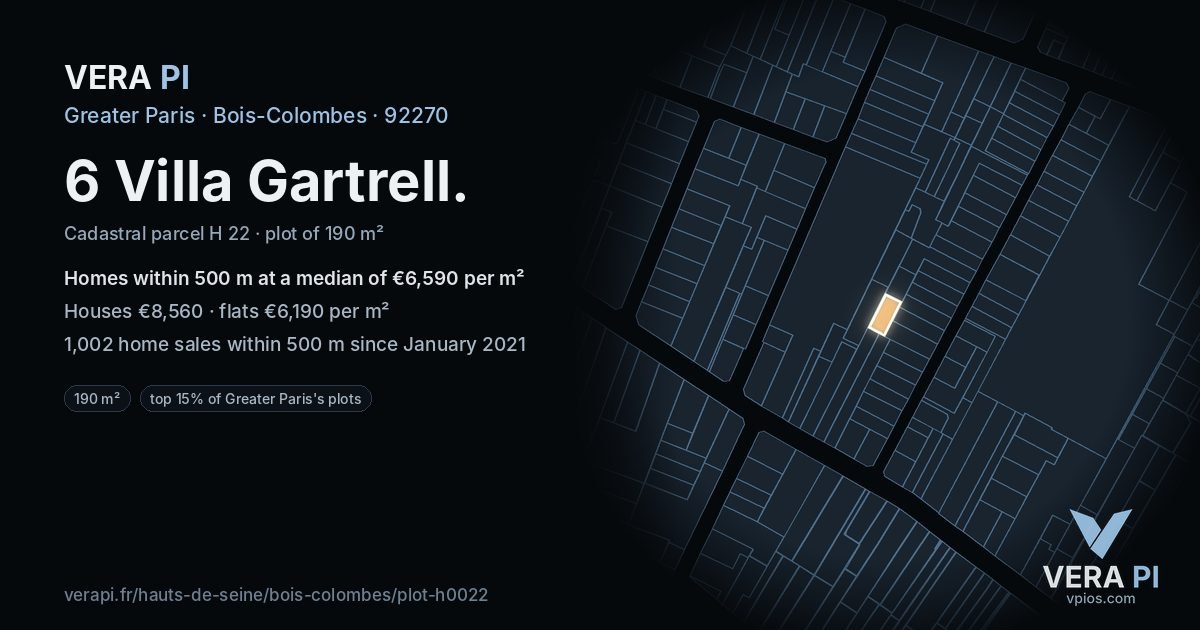 6 Villa Gartrell, Bois-Colombes at night – the plot lit, the parcels around coloured by the prices near them
