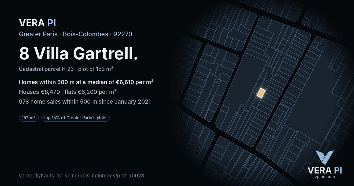8 Villa Gartrell, Bois-Colombes at night – the plot lit, the parcels around coloured by the prices near them