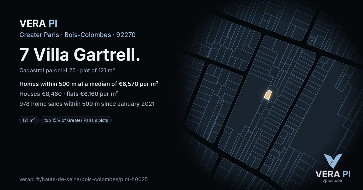 7 Villa Gartrell, Bois-Colombes at night – the plot lit, the parcels around coloured by the prices near them