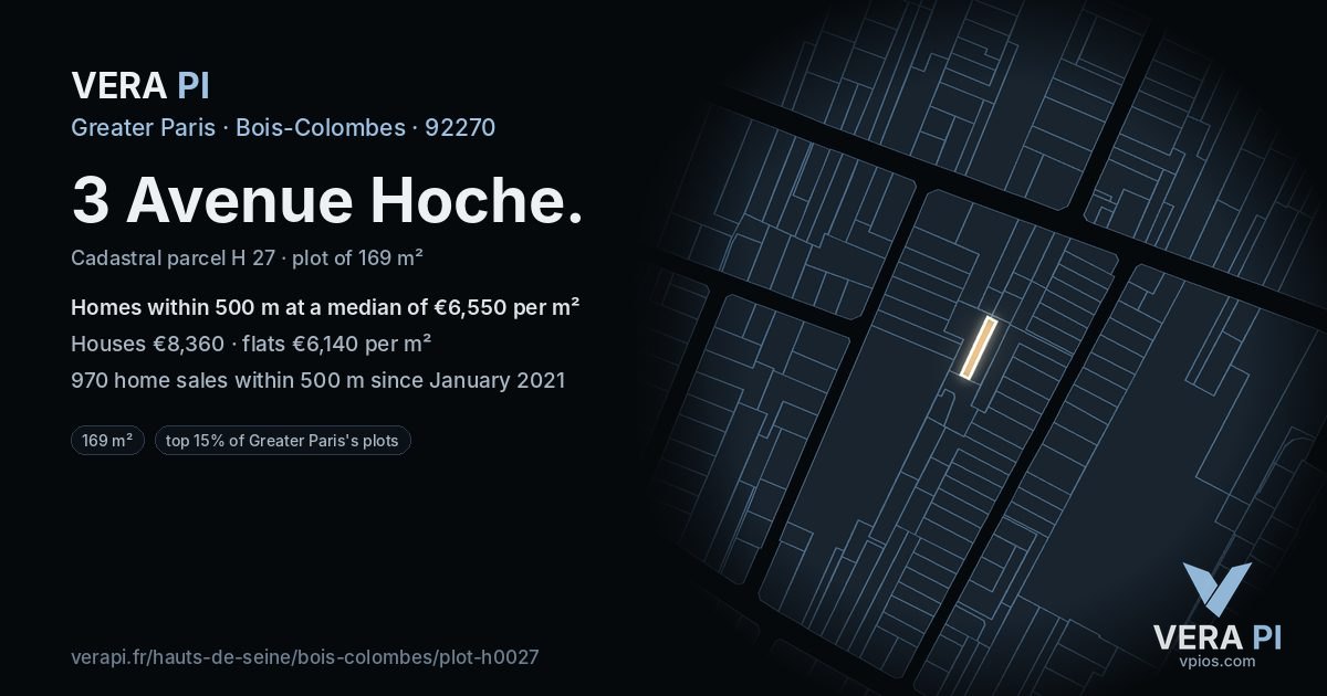 3 Avenue Hoche, Bois-Colombes at night – the plot lit, the parcels around coloured by the prices near them