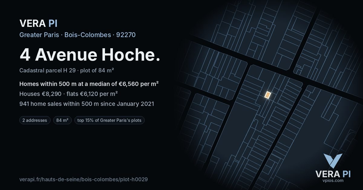 4 Avenue Hoche, Bois-Colombes at night – the plot lit, the parcels around coloured by the prices near them